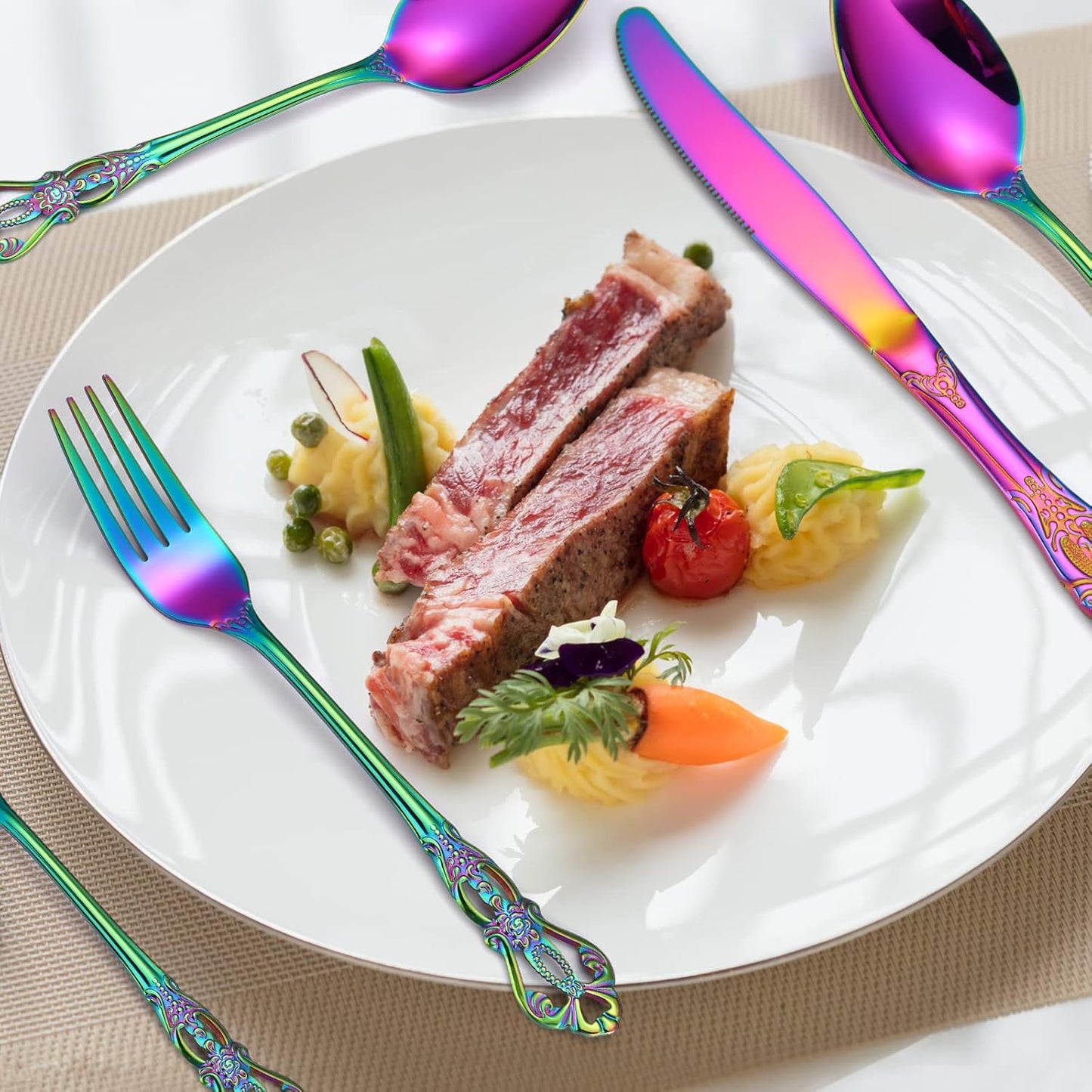 Retro Silverware Rainbow Set for 4 Stainless Steel Flatware 20 Pieces include Knives Spoons Forks With Vintage Relief Design Handle Durable Elegant Festival Parties Kitchen Utensils