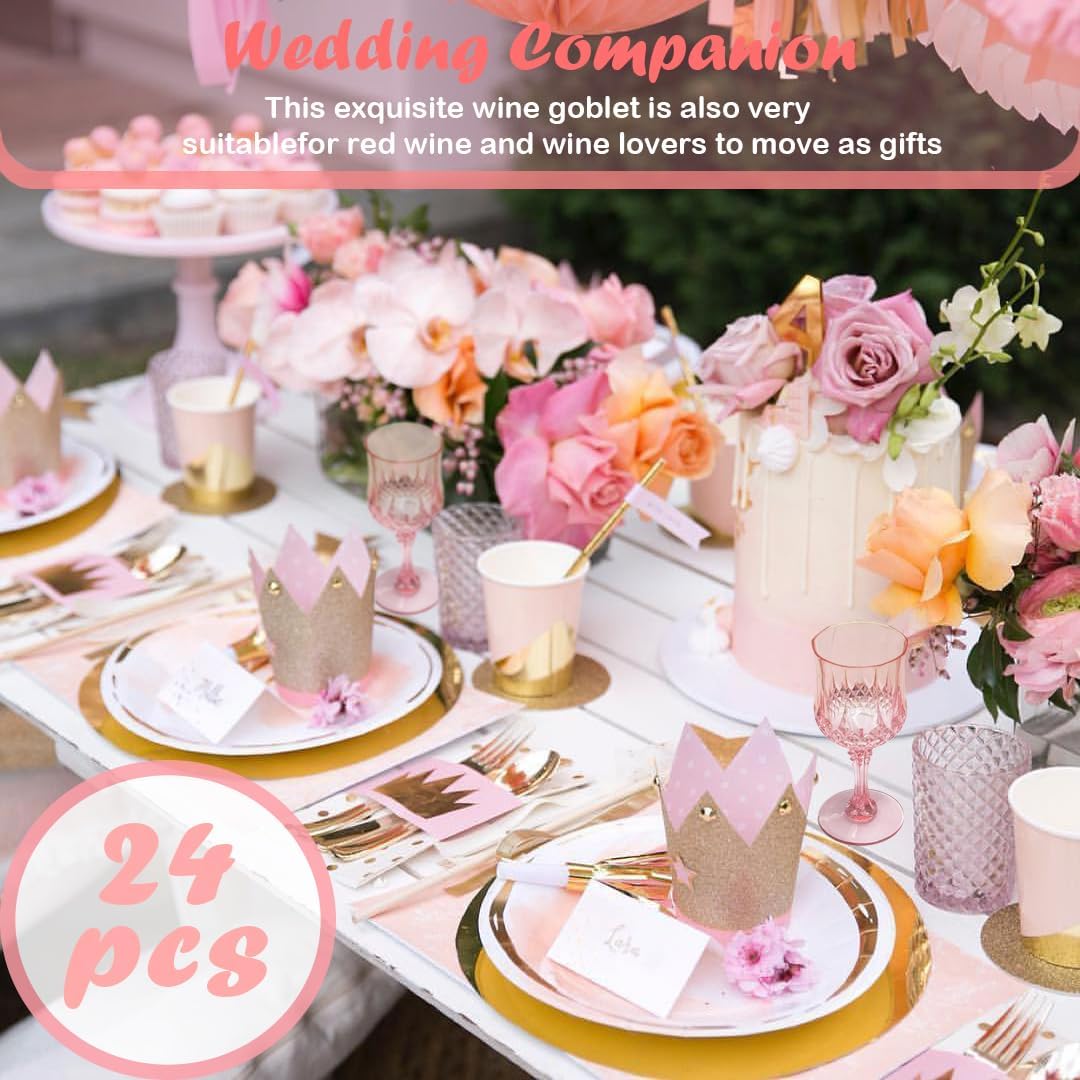 24 PCS Pink Plastic Wine Glasses,Reusable Plastic Wine Glasses,Pink Goblet Glass,Durable and Sturdy Cups Can Be Used for Various Parties Such as Weddings!