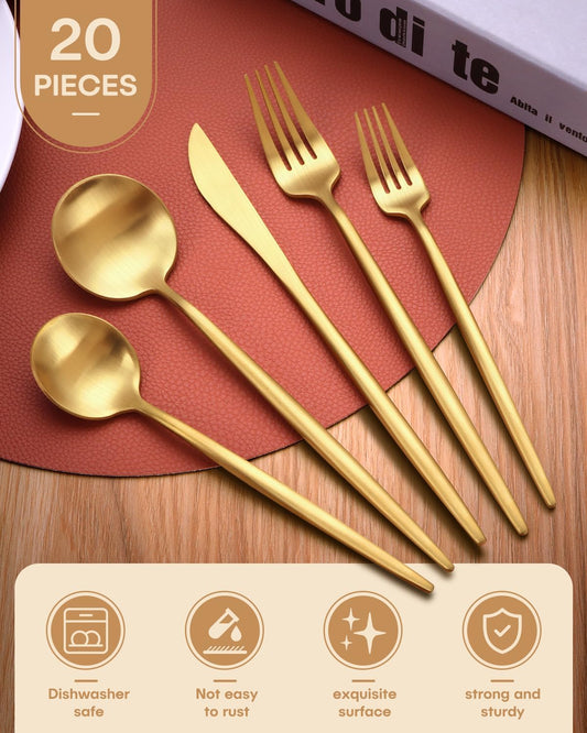 Gold Silverware Set,Ollex 20 Pieces Flatware Set for 4,Matte Utensil set with Stainless Knives Gold Forks and Spoons Tableware Cutlery Set with Satin Finish Dishwasher Safe