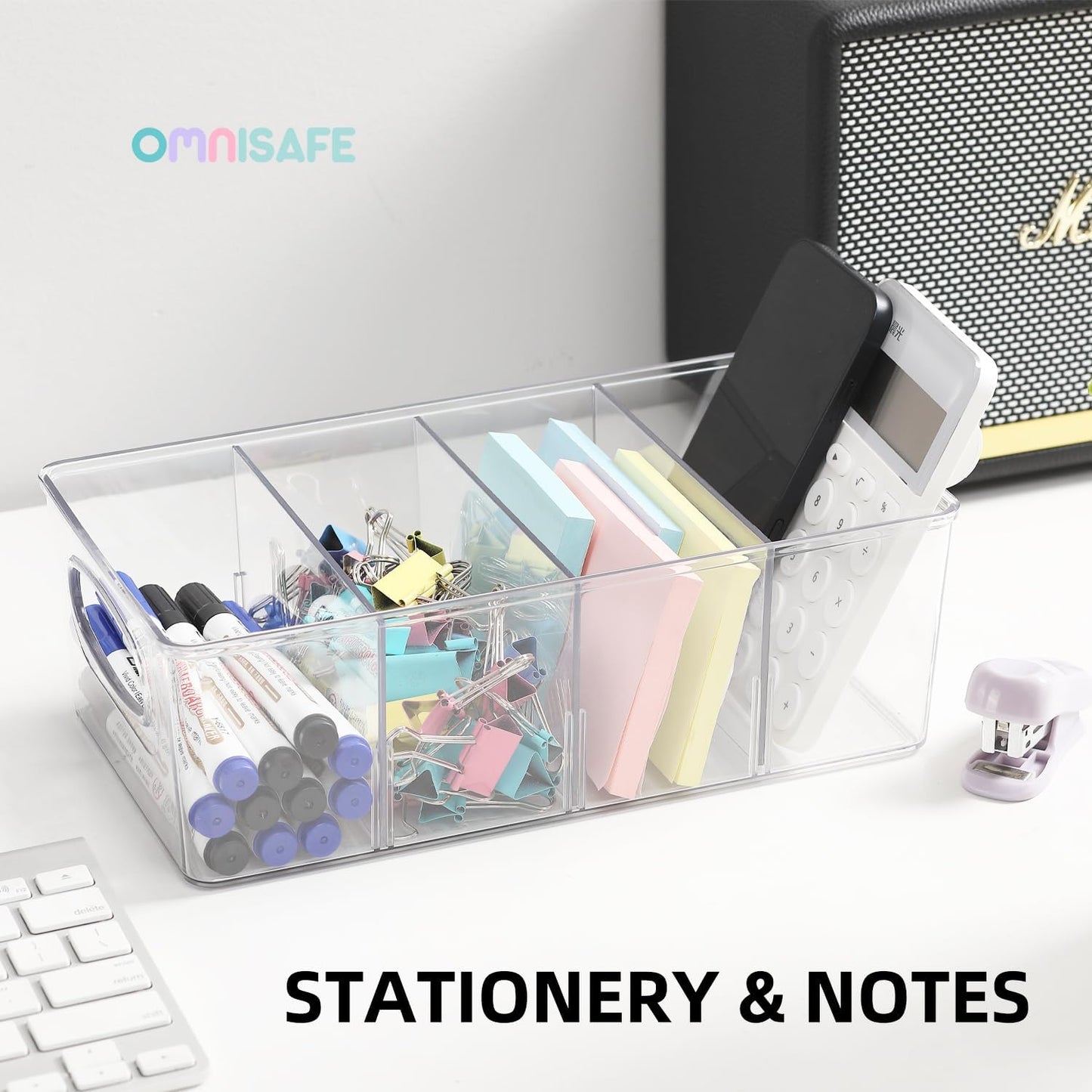 4-Section Divided Storage Plastic Bins, Clear Plastic Food Storage Organizer for Kitchen, Snacks, Spice Packets,Pouches, Stackable Tea Bag Storage Bin (6 Pack)