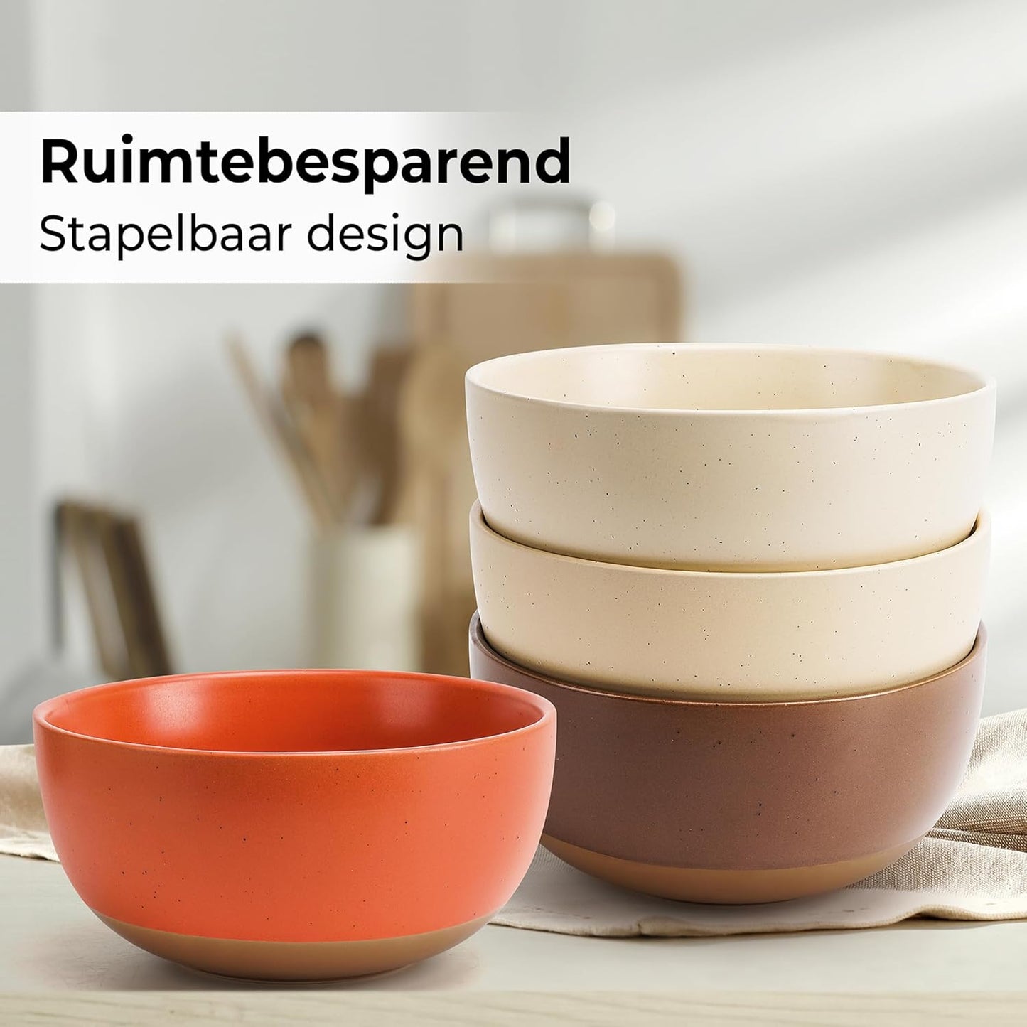 MIAMIO β Set of 4, 28 Ounce Ceramic Soup Bowls/Cereal Bowl Set for Salad, Oatmeal, Fruit, Rice β Dishwasher & Microwave Safe β Aura Collection (Cozy Neutral, Bowls (4x))