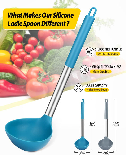 Pack of 2 Ladle Spoon,Silicone Large Spoon for Soup,Non Stick Kitchen Utensils with High Heat Resistant,BPA Free Perfect Kitchen Tools for Cooking, Stirring,Serving Soups (GREY-BLUE)