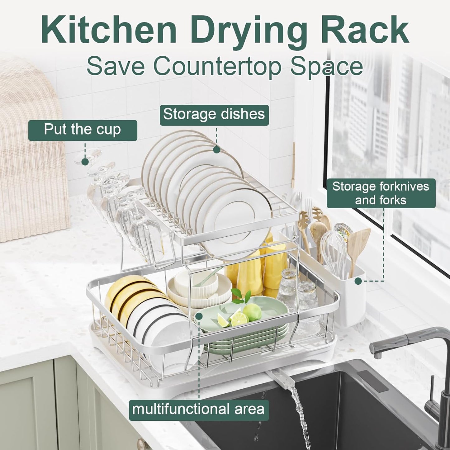 LIYI Dish Drying Rack,Large Dish Rack for Kitchen Counter,2-Tier Dish Racks with draining Tray,Detachable Capacity Dish Drainer Organizer,White