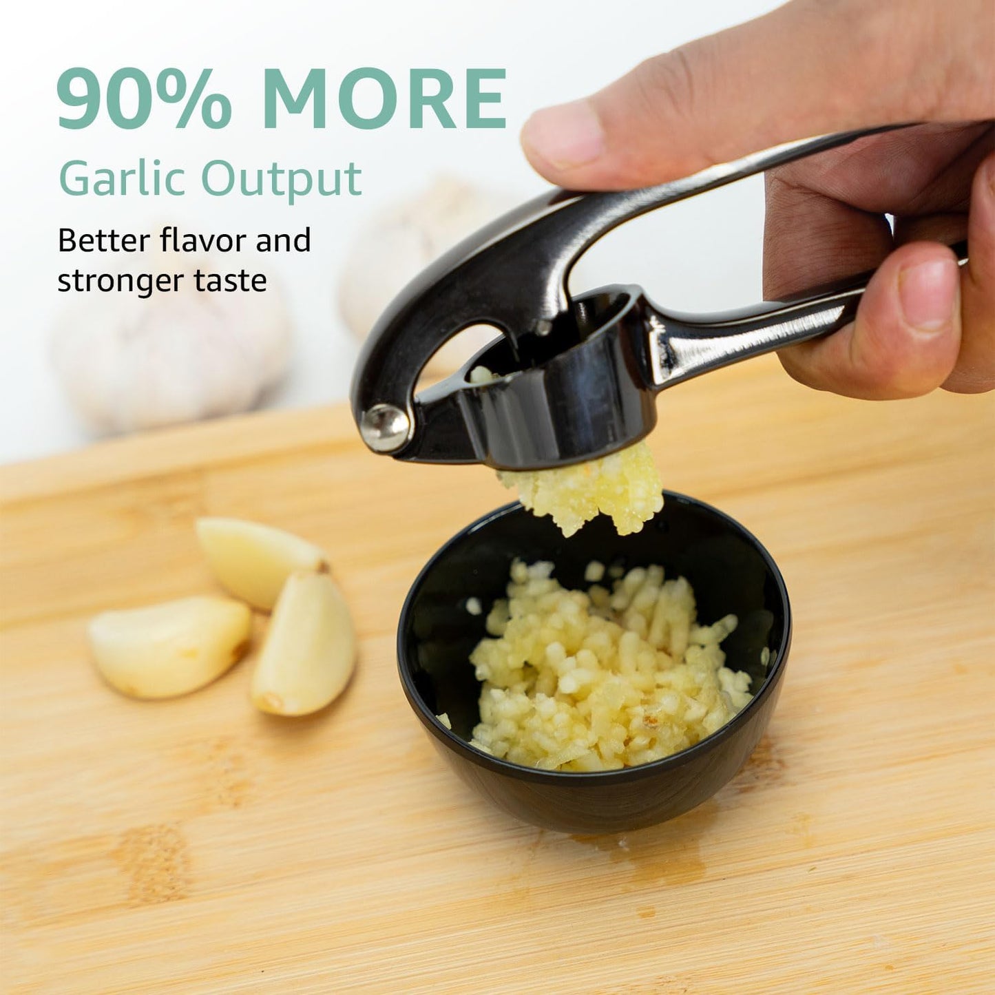 GD Black Garlic Press Crusher Mincer Tool - Stainless Steel Garlic Press, Dishwasher Safe & Rust Proof, Easy-Squeeze Garlic Crusher with Ergonomic Handle - Includes Silicone Peeler & Brush (Black)