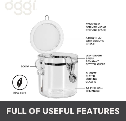 Oggi 4pc Clear Canister Set with Clamp Lids & Spoons - Airtight Food Storage Containers, Ideal for Kitchen & Pantry Storage of Bulk, Dry Food Including Flour, Sugar, Coffee, Rice, Tea, Spices & Herbs