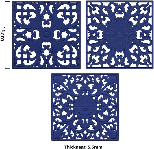 Silicone Trivets for Hot Dishes-Pots&Pans, Multi-Use Carved Trivet Mat, Insulated Silicon Mats, Flexible Square Trivet for Countertop&Tabletop, Silicone Pot Holders Hot Pads Set 3 Blue