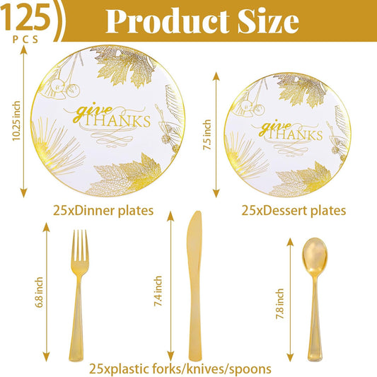125PCS Thanksgiving Plastic Plates - Gold Disposable Dinnerware Sets - Thanksgiving Maple leaf Plates with Silverware for 25 Guests for Autumn Harvest Party Decor