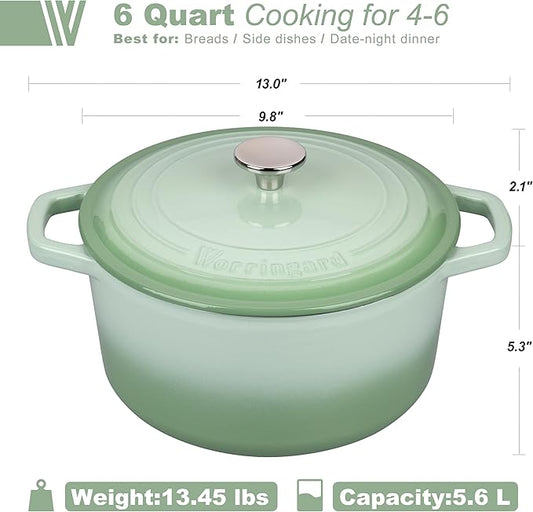 Enameled Cast Iron Dutch Oven Pot with Lid, for Bread Baking, Round Bread Oven- include Sourdough Bread Baking Supplies Set, 6QT, Green