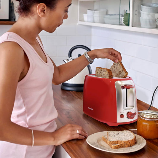 Aiwa Toaster, 2 Slice Wide Slot, Reheat and Defrost Function, 6 Browning Settings, Drop Down Crumb Tray, Red