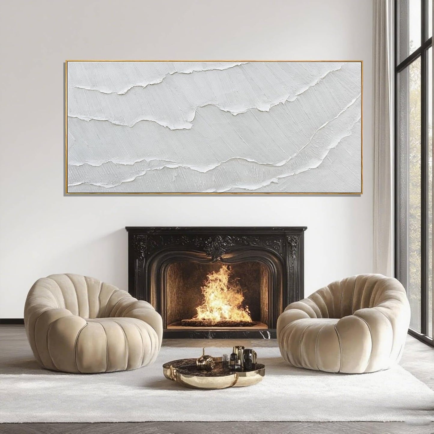 MLART99 White Wave Wall Art Textured Canvas Minimalist Coastal Poster Modern Oversized Painting - 32x70 Inch Extra Large Minimalist Artwork for Living Room Hallway Home Decor