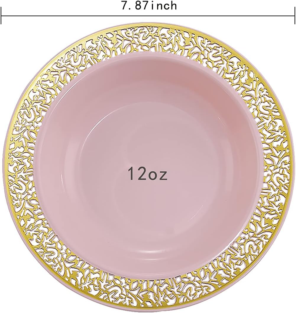 I00000 60pcs Pink Gold Plastic Bowls, 12 oz Dessert Bowls, Gold Lace Trim China Look, Premium Heavy Duty Soup Bowls for Party, Disposable salad Bowls for Wedding