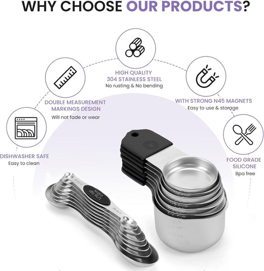 Magnetic Measuring Cups and Spoons Set-Heavy Duty 304 Stainless Steel,Double Measurement Markings,Set of 16 with Leveler for Measure Dry and Liquid Ingredients (Black)