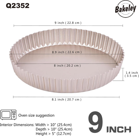 9-Inch Round Tart Pan with Loose Removable Bottom, Non-Stick Carbon Steel Quiche Pan for Oven Baking (Champagne Gold)