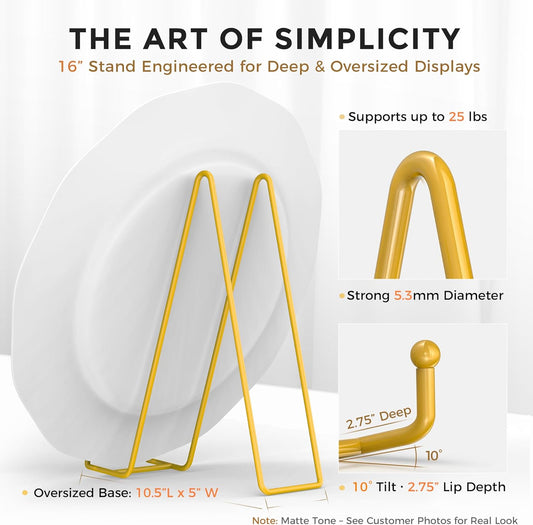 TR-LIFE 16 Inch Gold Metal Plate Stand (2 Pack) - Heavy Duty Display Stand for Extra-Large Plates, Frames, Platters and Art