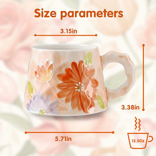 13oz ceramic mug, enlarged and thickened breakfast cup, suitable for spring, summer, autumn and winter, hand-painted cup, a personalized gift for girlfriend.