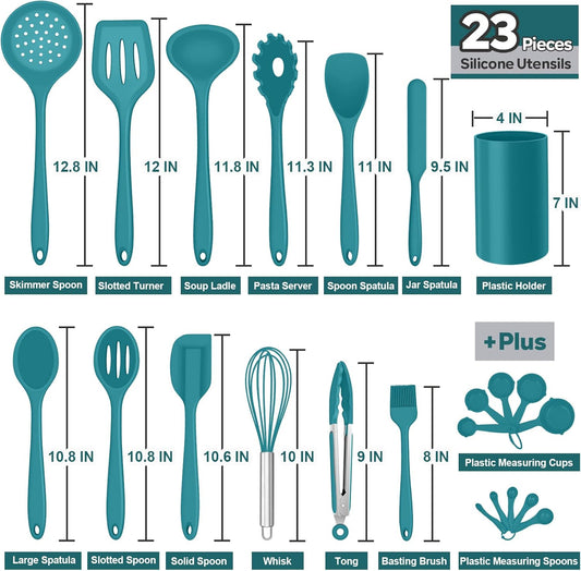 Silicone Kitchen Utensils Set, E-far 23 Pcs Blue Cooking Utensils Tools with Holder for Nonstick Cookware, Include Spatula/Spoon/Ladle/Tongs/Turner, Heat Resistant & Nontoxic, Dishwasher Safe