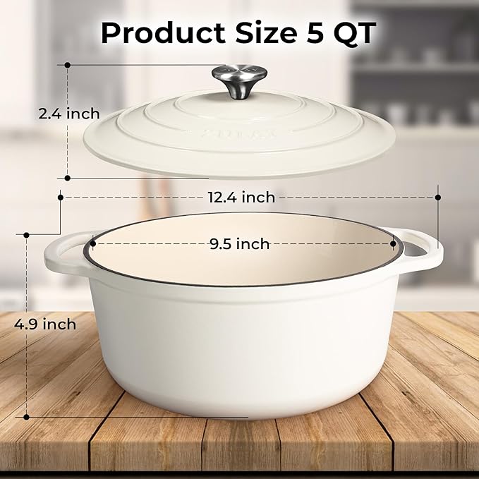 Zulay Kitchen 5 Quart Enameled Cast Iron Dutch Oven Pot with Lid – Premium Durability & Oven Safe up to 500°F – Heavy Duty Cookware Perfect for Bread Baking, Stews, Braising & Roasting – White
