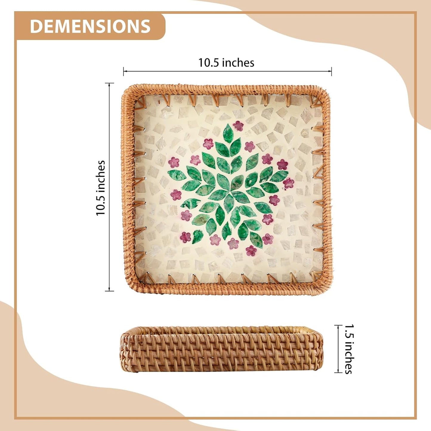 Rattan Tray with Mother of Pearl Inlay, Boho Coffee Table Decor, Decorative Serving Tray, Farmhouse Gift for Living Room & Bathroom