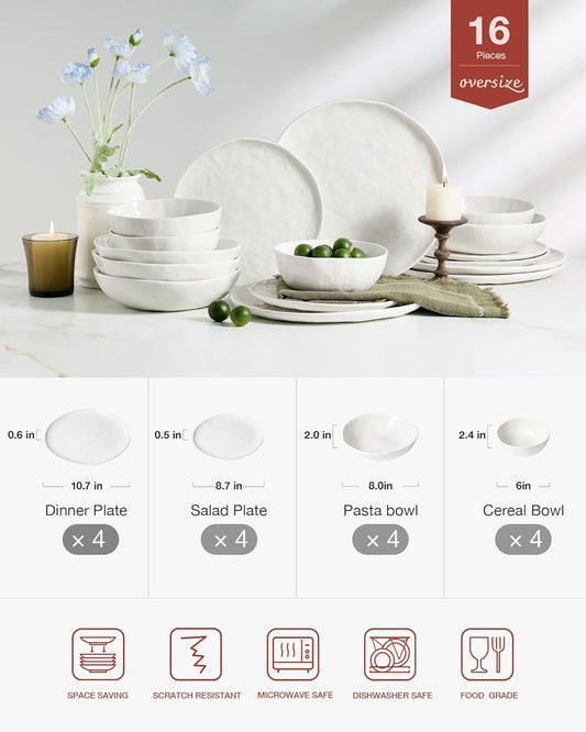 Famiware Porcelain kitchen plates and bowls set, Modern dishes set for 4, Handmade Wave Edge Dinnerware Sets, Microwave and Dishwasher Safe Tableware, Polar White (16pc)