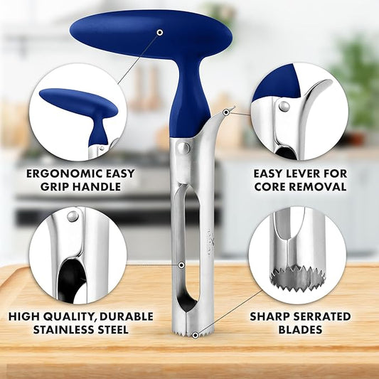 Zulay Kitchen Premium Apple Corer Tool - Ultra Sharp, Stainless Steel, Serrated Blades for Easy Coring - Easy to Use & Clean, Durable Apple Corer Remover for Baking Apples & More - Dark Blue
