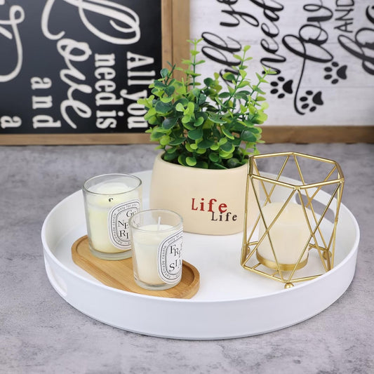 Round White Decorative Serving Tray with Handles, 13” Versatile Ottoman Tray for Coffee Table, Entertaining, Outdoor Patio, Living Room