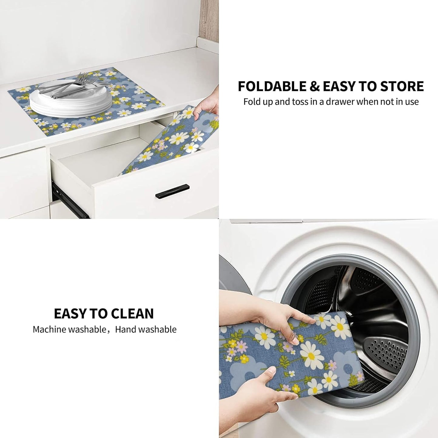 Daisy Flowers Dish Drying Mat for Kitchen Counter, 16"x18" Microfiber Absorbent Fast Dry Mat, 2Pcs Dish Mat Faucet Mats Sets, Large Drying Kitchen Mat Kitchen Drying Pad Coffee Bar Decor Gifts