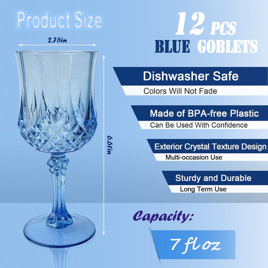 12 PCS Blue Plastic Wine Glasses,Reusable Plastic Wine Glasses,Blue Goblet Glass,Durable and Sturdy Cups Can Be Used for Various Parties Such as Weddings!