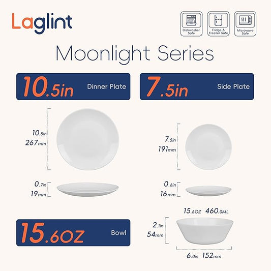 Dinnerware Sets for 4, LaGlint 12 Pieces Opal Glass Plates and Bowls Set, Dishwasher and Microwave Safe Dish Dinning Ware, Chip and Scratch Resistant Dishware White