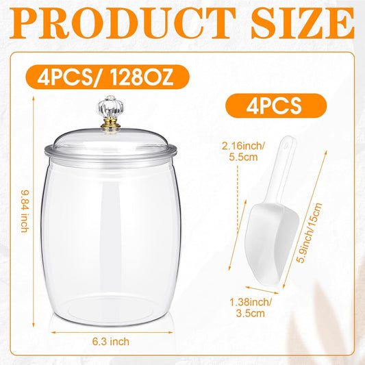 Nuogo 4 Pcs Plastic Candy and Cookie Jars with Lids Clear Cookie Container Candy Jars Large Airtight Apothecary Storage Organization for Wedding Home Kitchen Bar(128 oz)