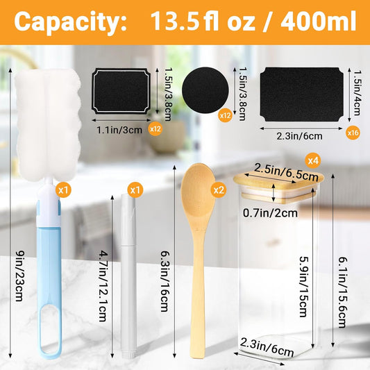 Glass Jars with Lids, 4 Pack 13 Fl.oz Square Glass Storage Jars with Bamboo Lids, Spice Canister Kitchen Pantry Containers for Sugar, Coffee Beans, Tea - Included Labels, Spoon and Marker