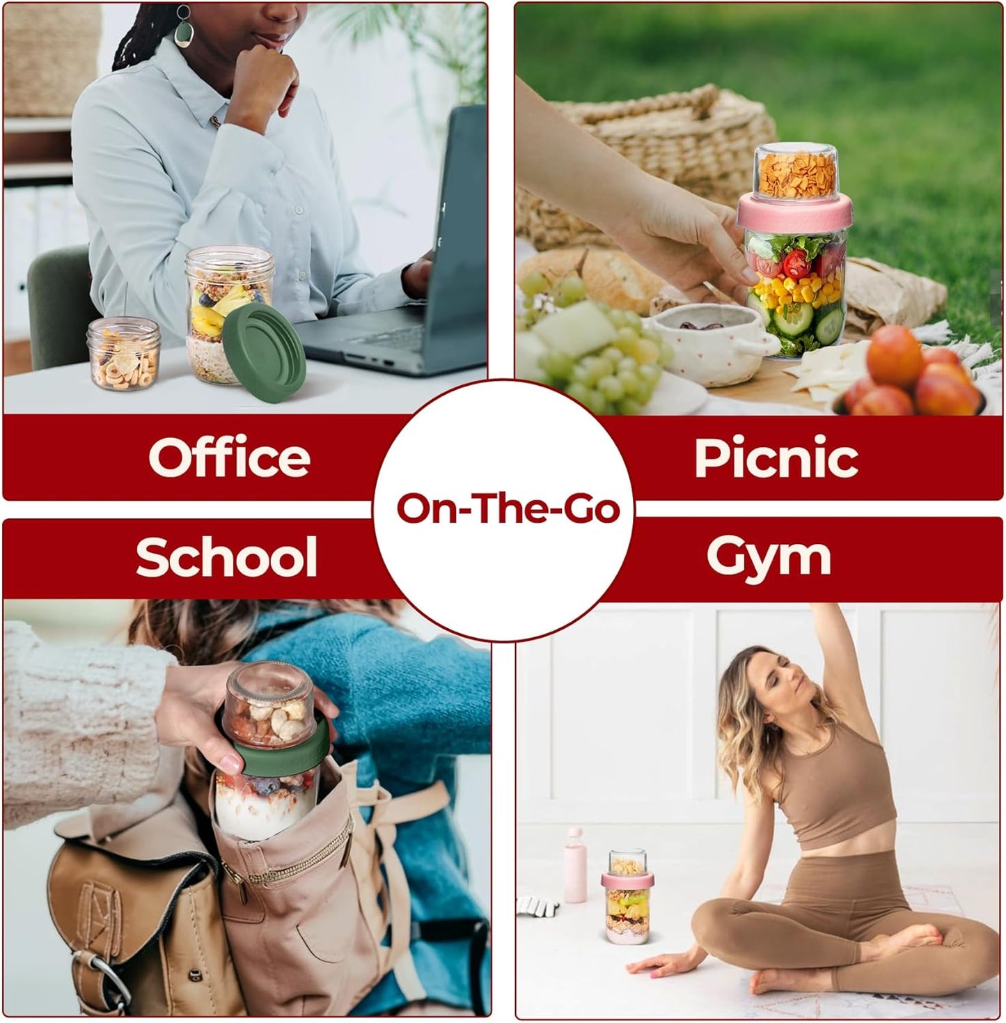 2 Pack 16 OZ Overnight Oats Containers with Lids, Dual-Layer Glass Meal Prep with Dry and Wet Separation, Airtight Food Jars for Oatmeal Yogurt Parfait Cups Cereal Nut Fruit (Mixed color 2)