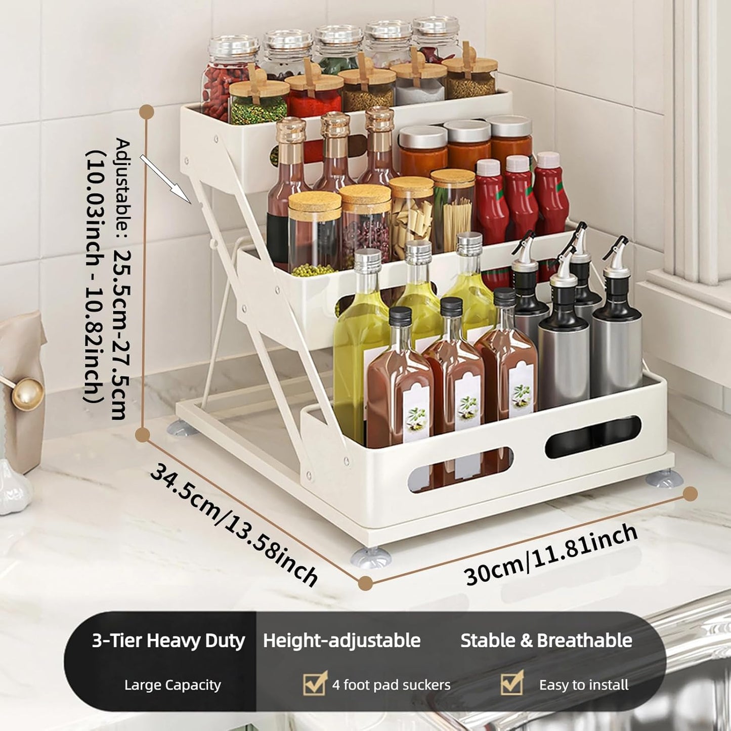 Bokelai Spice Rack 3 Tier Foldable Seasoning Organizer Jars Storage Holder Step Shelf for Cabinet Kitchen Countertop Pantry Coffee Bar White