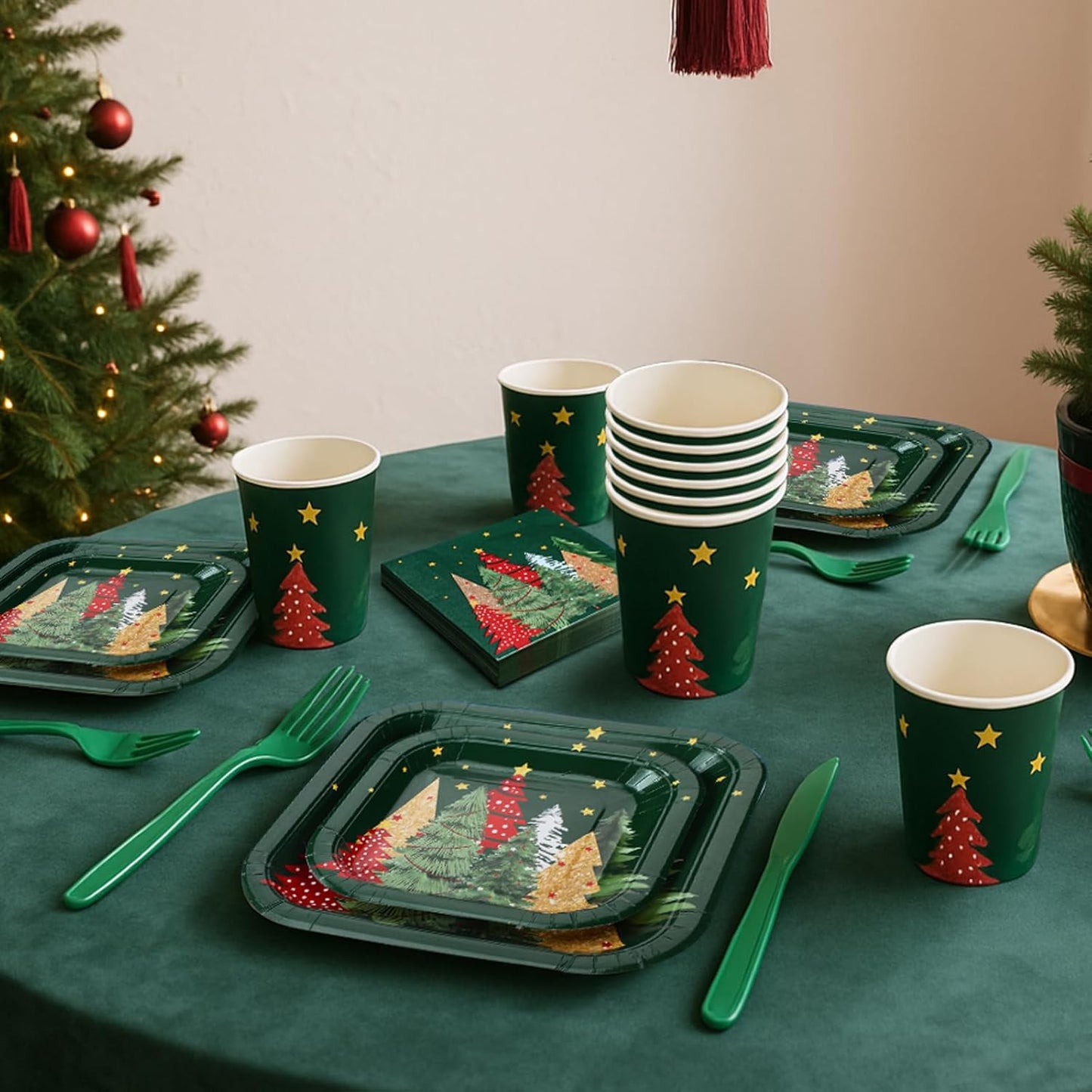 350 Pcs Paper Plates and Napkins Set Disposable Dinnerware Party Supplies Tableware Serve 50 Guest Cups Knife Forks Spoon (Green,Red,Gold,Christmas Tree)