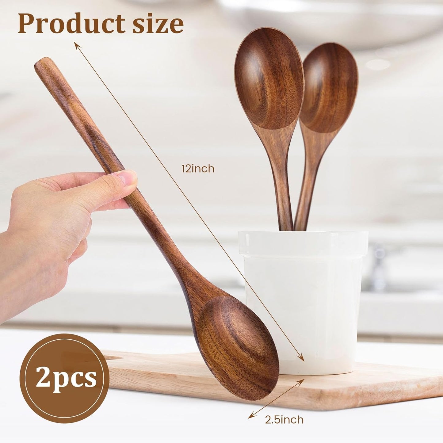 HANSGO 2PCS Large Wooden Cooking Spoons, 12 Inches Wooden Kitchen Utensil for Cooking, Serving, Mixing