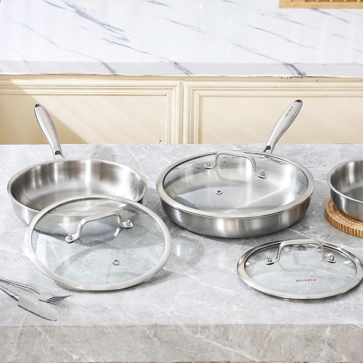 DELARLO Tri-ply Stainless Steel Frying Pan Set with Lid 8"10" Induction large Skillets Chef's Pan,Pots and Pans Set Kitchen Cookware Set Suitable for All Stove