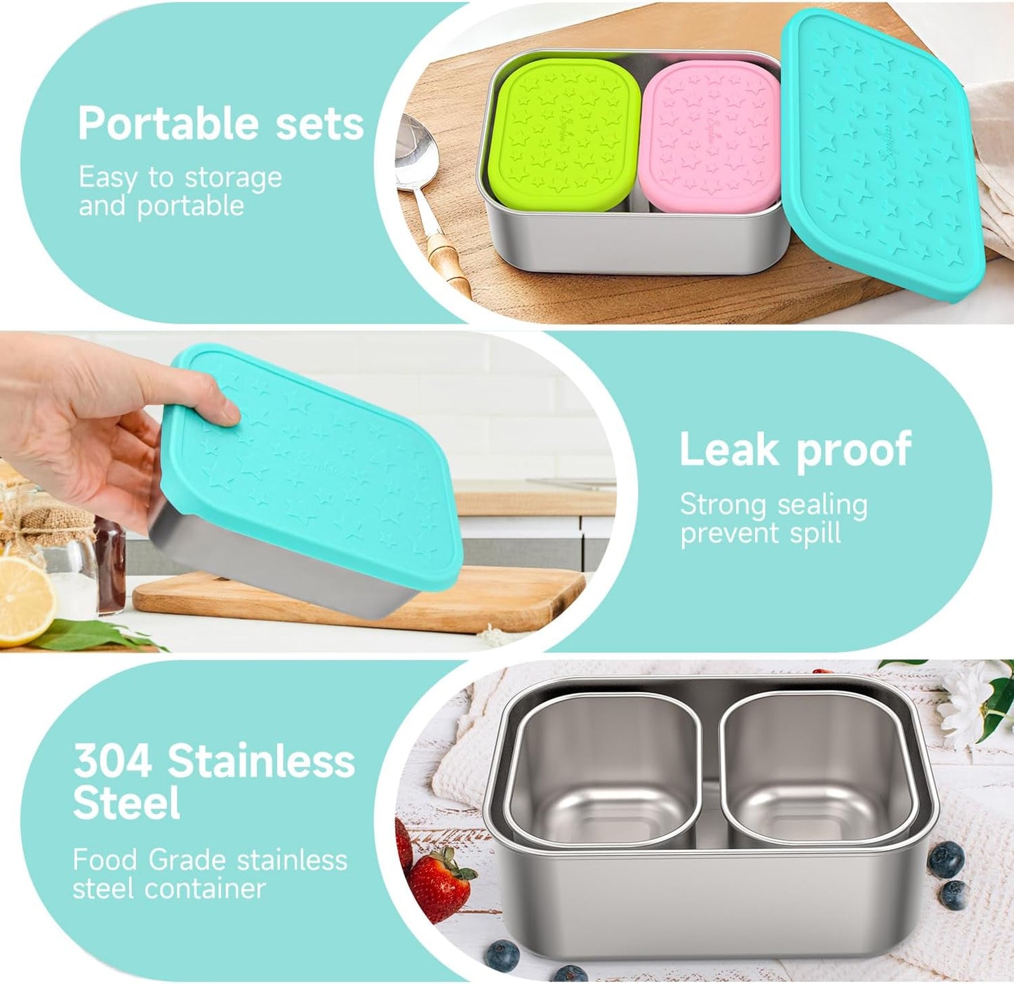 SOPHICO Stainless Steel 24 OZ Snack Containers for Kids,Food Storage Container with Silicone Lid - Perfect 304 Metal Toddler Lunch Box for Daycare and School, Leak Proof(Mint)