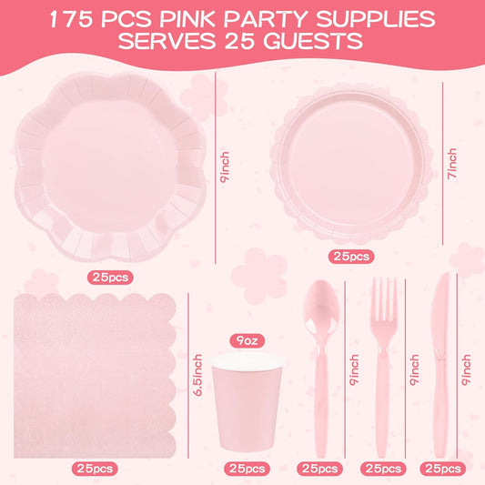175 Pcs Light Pink Plates Cups and Napkins Set, Pink Scalloped Dessert Plates Party Supplies for 25 Guests Include Disposable Pink Party Plates Napkins Cup Cutlery for Baby Shower Wedding Birthday