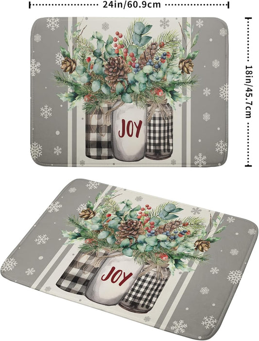 Christmas Dish Drying Mat for Kitchen Counter 18x24 Inch,Large Winter Poinsettia Berry Pinecone Grey Dish Drainer Rack Mats Heat Resistant Foldable Absorbent Draining Pad