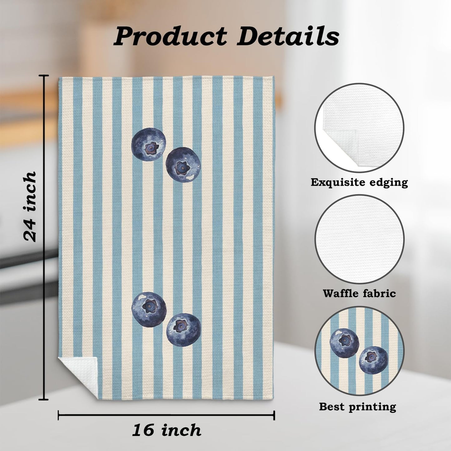 Blueberry Decor Kitchen Towels, Blue and White Striped Summer Blueberry Dish Tea Towel for Kitchen Decor, Fruit Lover Gifts Decorative Hand Towels for Bathroom, 16x24 Inch