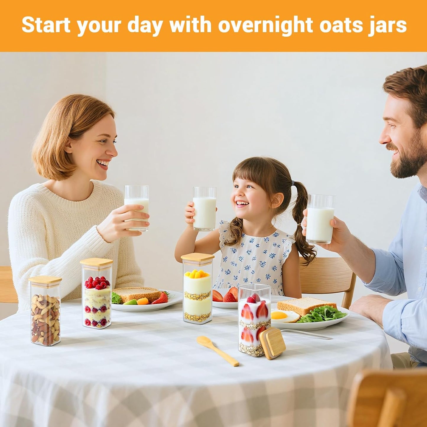 Glass Jars with Lids, 4 Pack 13 Fl.oz Square Glass Storage Jars with Bamboo Lids, Spice Canister Kitchen Pantry Containers for Sugar, Coffee Beans, Tea - Included Labels, Spoon and Marker