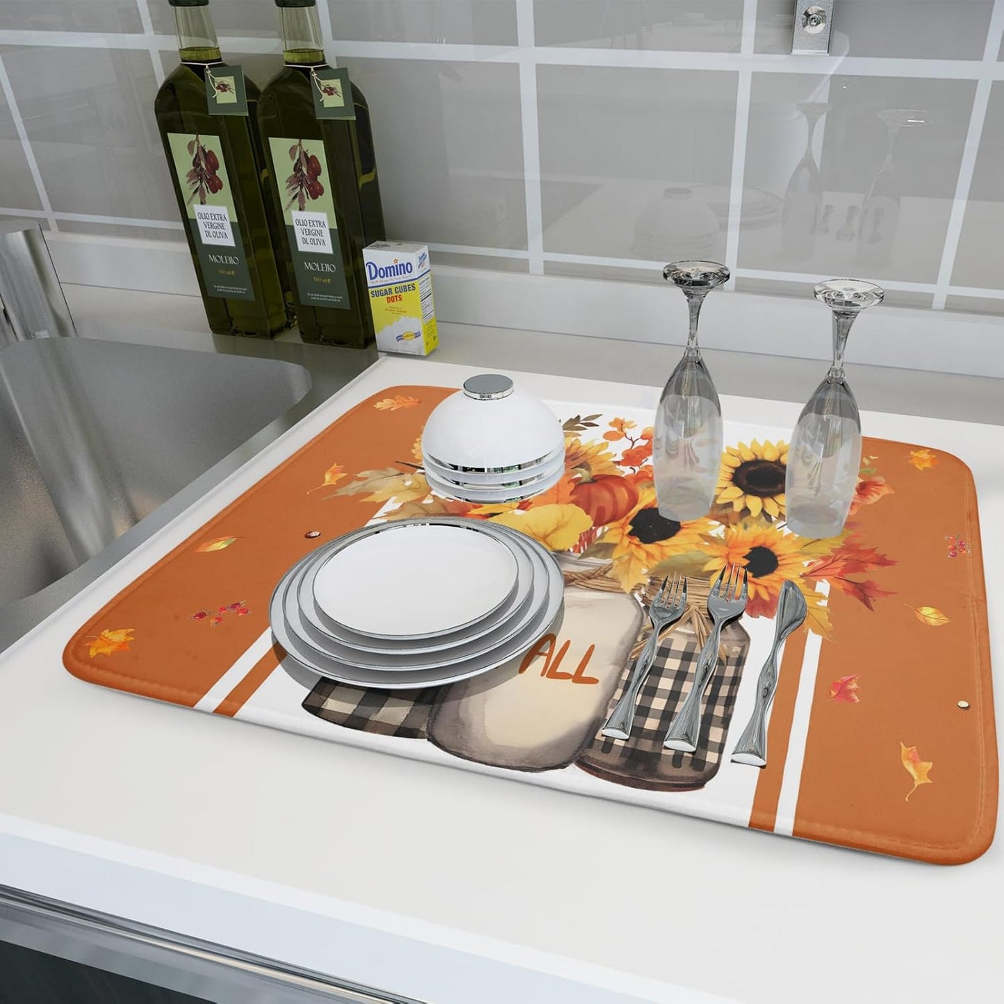 Fall Sunflower Dish Drying Mat 18x24 inch Autumn Leaves Pumpkin Vase Buffalo Plaid Dish Drainer Mat Machine Absorbent Reversible Washable Protector Pad for Kitchen Countertops and Sink
