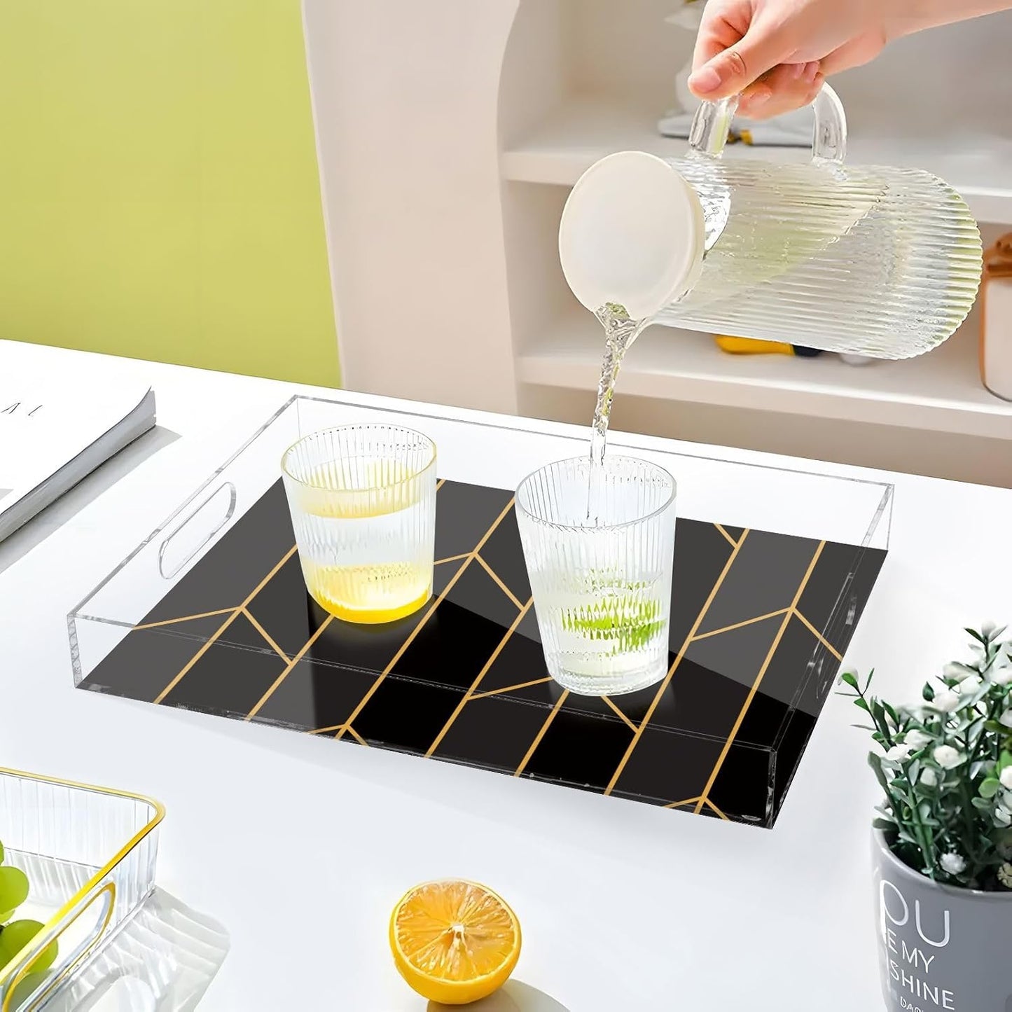 Acrylic Serving Tray with Handles Spill Proof Kitchen Storage Tray Clear Decorative Tray Makeup Drawer Organizer Storage Tray for Bathroom Living Room Ottoman 15.7x11.8Inches