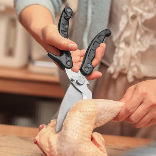 Heavy Duty Kitchen Shears, Detachable Poultry Shears with Serrated Edge, Spring-Loaded Stainless Steel Chef Scissors Cutting Bone, Chicken, Fish, Food, Meat, Black Full Steel Handle