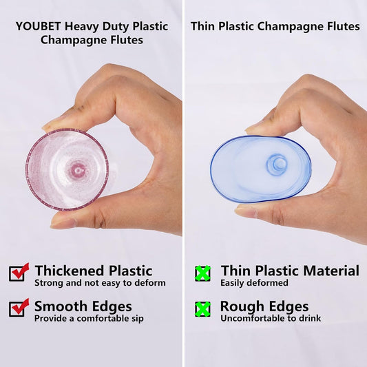 YOUBET 24 Pack Plastic Champagne Flutes - 6 Oz Rose Gold Glitter Disposable Champagne Glasses - Pink Square Plastic Wine Cups Wedding Toasting for Party Birthday Anniversary