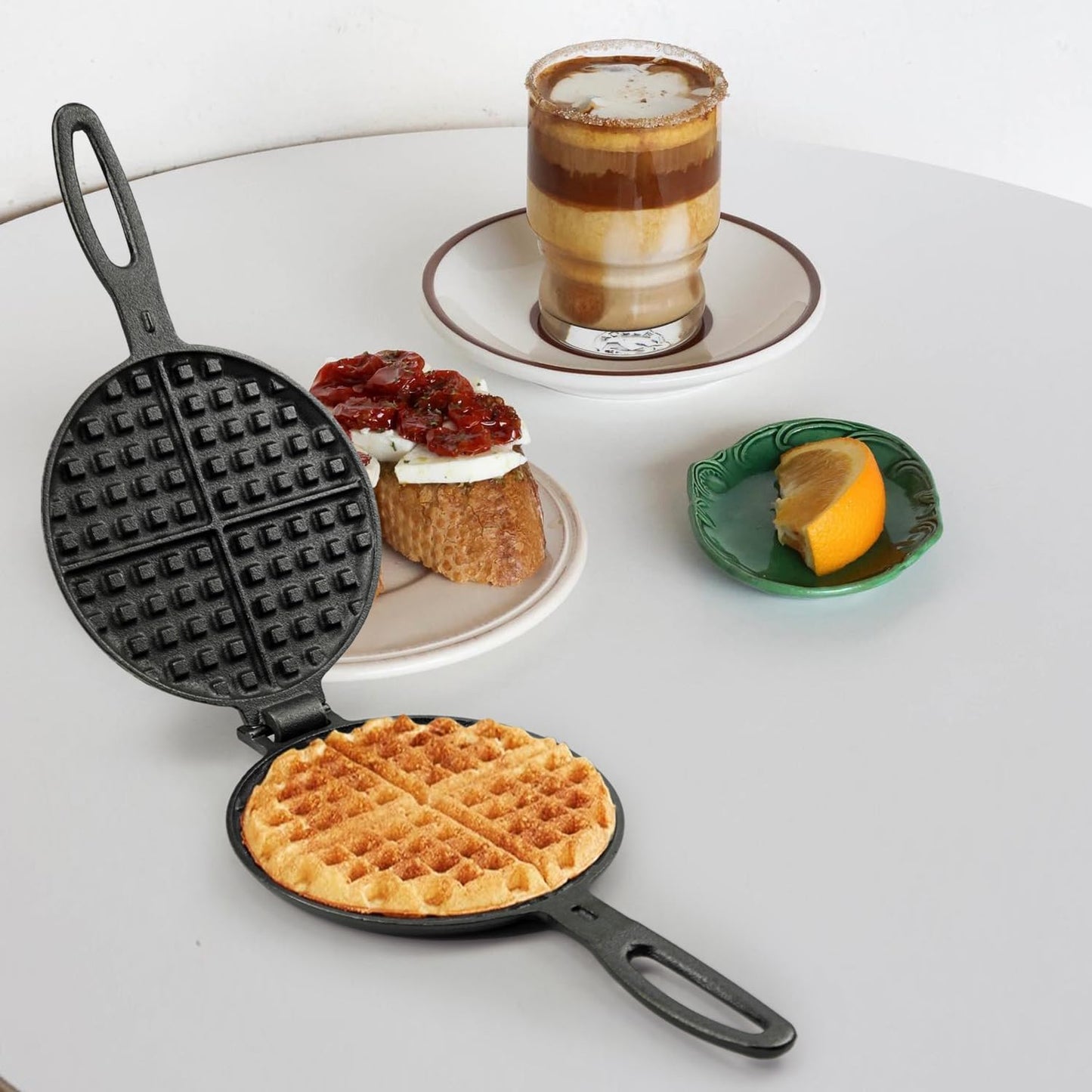 7 Inch Round Cast Iron Waffle Iron Easy Clean Two Piece Hinged Non Electric Waffle Maker For Commercial Breakfast Kitchens