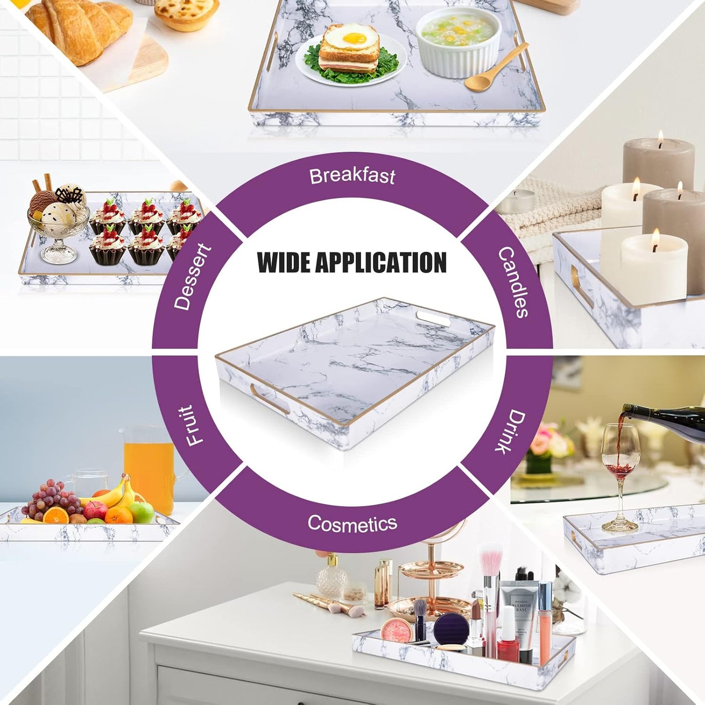 Gifturbo White Serving Tray, Marble Serving Trays with Handles,Rectangular Coffee Table Ottoman Tray Decorative Plastic Tray with Gold Rim for Living Room, Bathroom,Decor,15.7 x 10.2 x1.37 inches