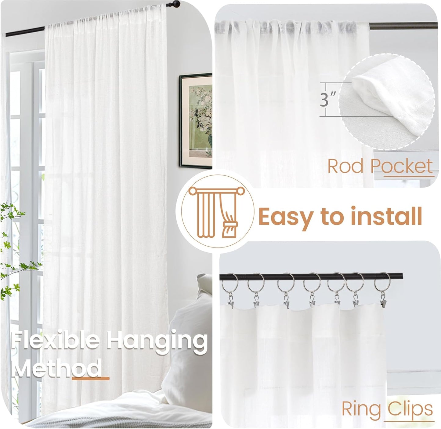 BGment White Linen Semi Sheer Curtains 36 Inch Length for Kitchen Cafe Window - Small Drapes Light Filtering with Rod Pocket Lightweight for Cafe Bathroom, 2 Panels Set, 30 X 36 Inch