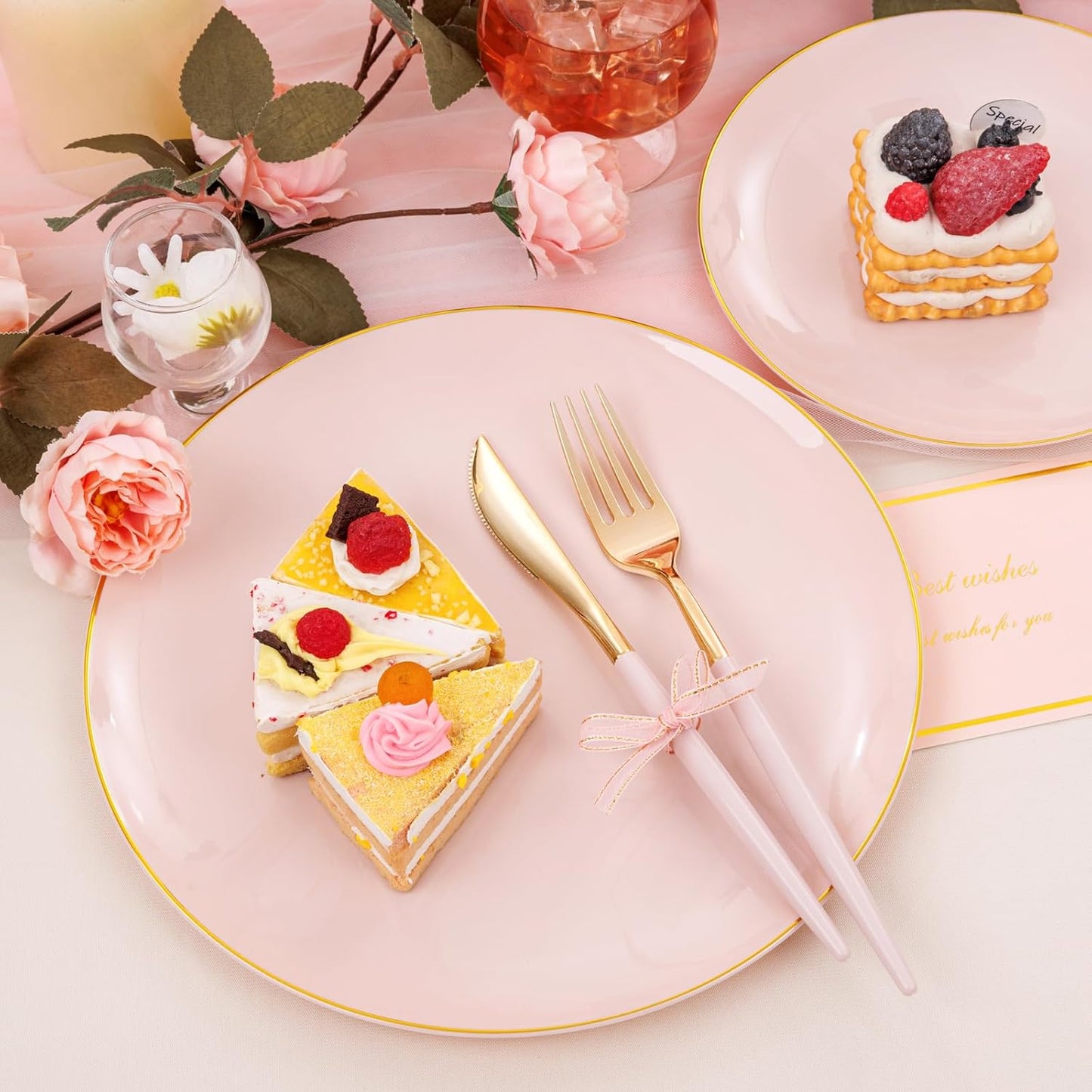 DaYammi 150Pcs Pink and Gold Plastic Plates Heavy Duty Gold Rimmed Plates Pink Plastic Disposable Plate Included 30 Dinner plates,30 Dessert plate,30 Knives,30 Forks,30 Spoons for Wedding Party