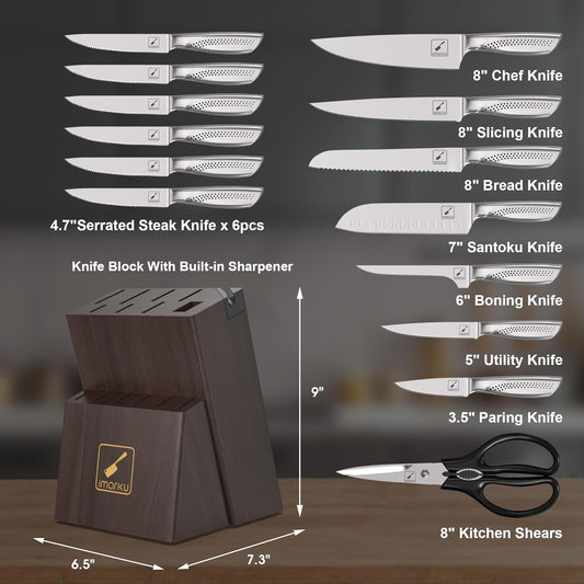 imarku® Knife Set, 15-Pieces HC Stainless Steel Kitchen Knife Set With Built in Knife Sharpener, Razor-Sharp Blade Knife Block Set With Non-Slip Handle, Dishwasher Safe, Best Birthday Gifts