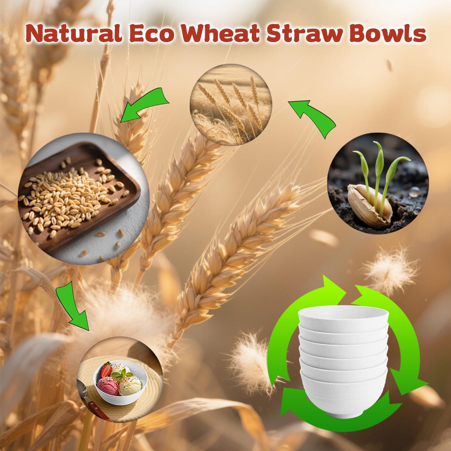 Wrova Handy Wheat Straw Bowls Set of 6,Unbreakable Ice-Cream Bowls Sets for Kids,10oz Small Dessert Bowls for Kitchen,Camping and RV.White Series